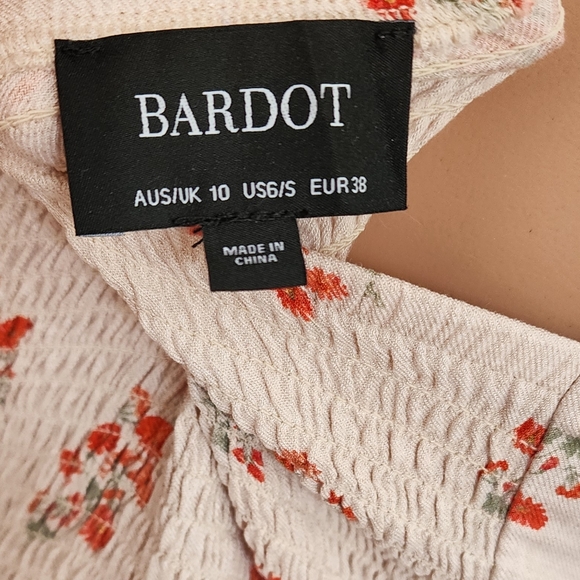 BARDOT FLORAL BEIGE SMOCKED COTTON CAP SLEEVES MINI SHORT SEXY DRESS 6 SMALL - Picture 14 of 14
